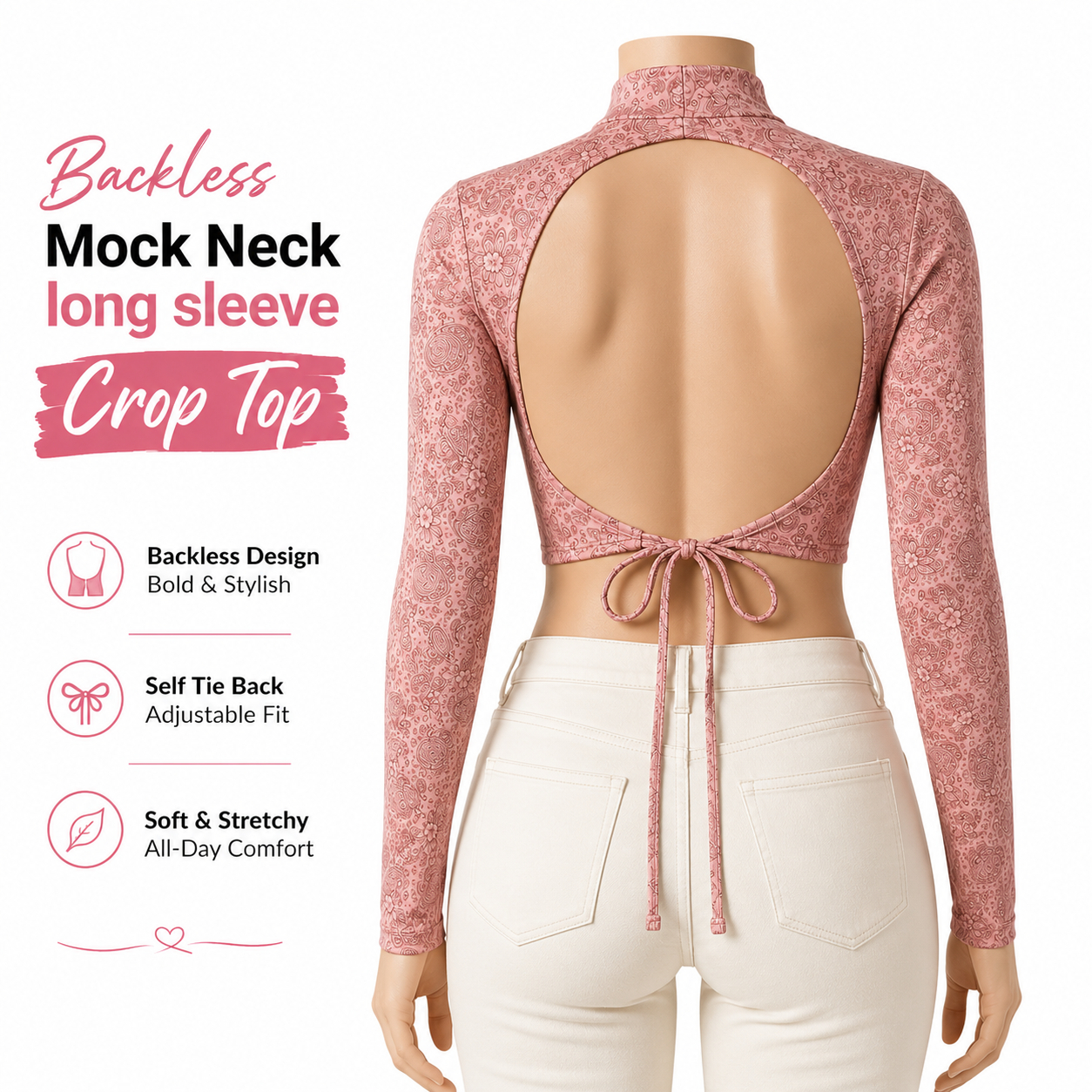 Women’s Backless Mock Neck Long Sleeve Crop Top