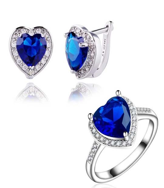 Platinum Plated Blue CZ Heart Jewelry Set MR021JS