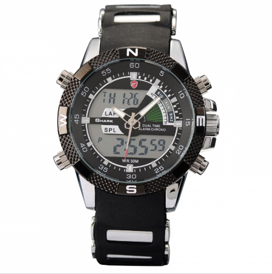 Porbeagle SHARK Dual Time Silicone Band Digital Black Watch SH042
