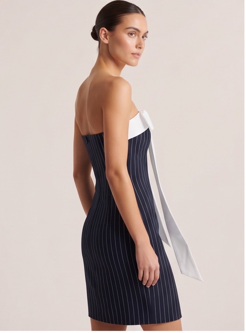 Pinstripe Bow Strapless Mini Dress