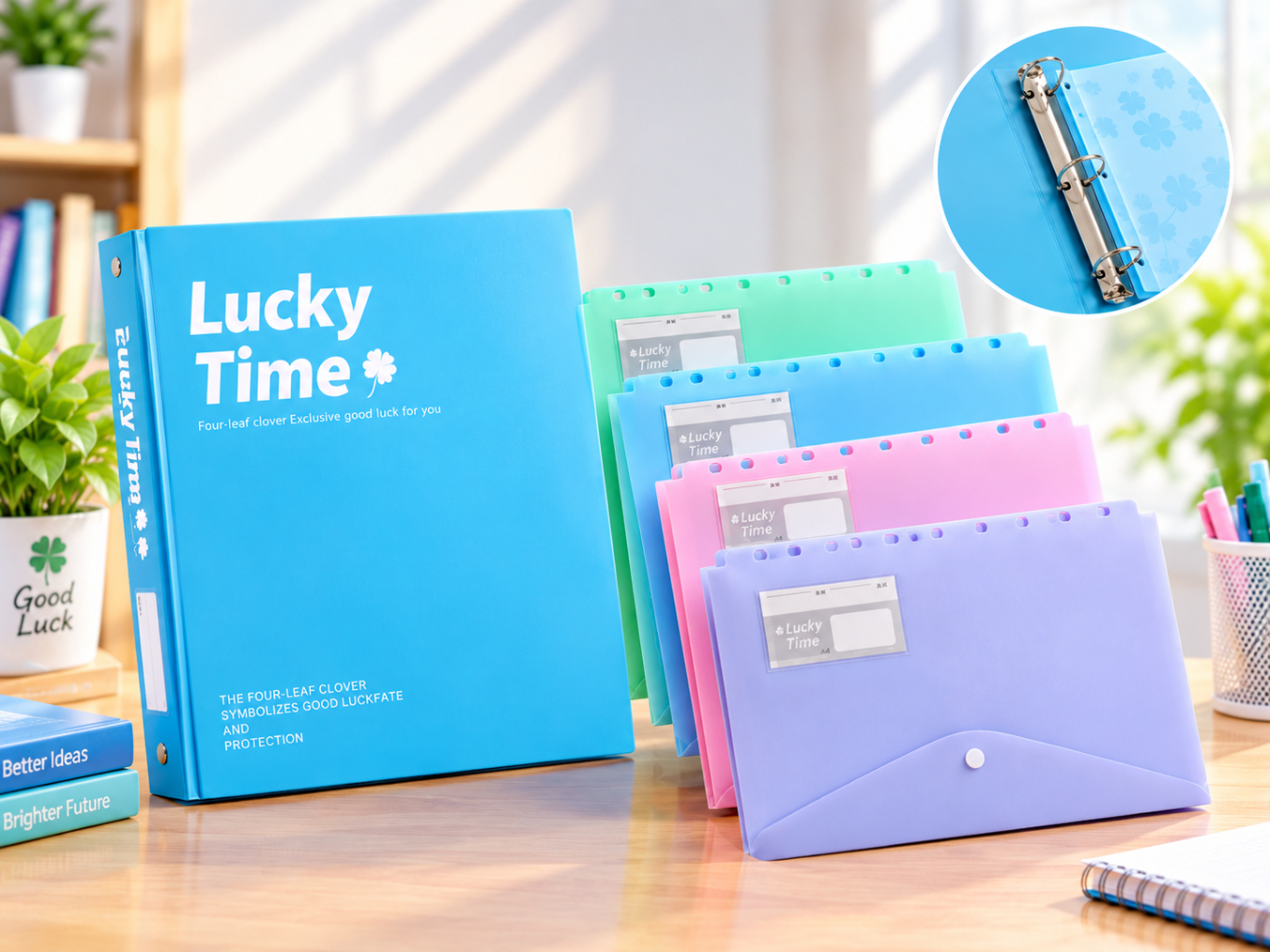 Lucky Time A4 File Folder & Document Organizer –Colorful Ring Binder with Transparent Sleeves