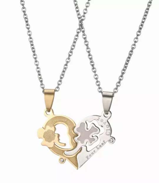Dual Tone Lucky Clover Heart Couple Necklace MR049P