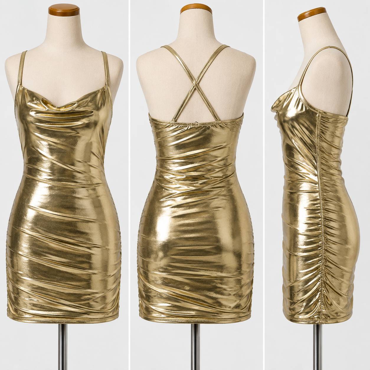 glossy hot-metallic halter mini dress