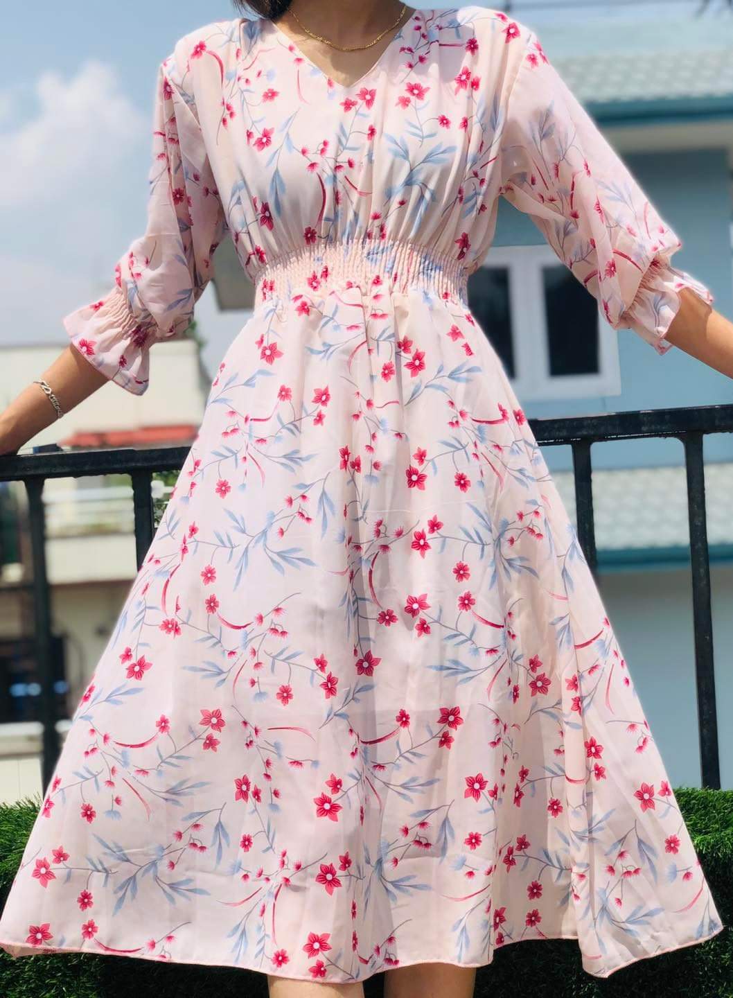 Women's Full  Sleeves V Neck , Long  Flower Print One Piece Dress